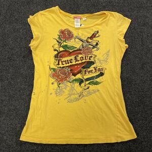 Max Rave Shirt Womens XL Yellow Graphic True Love For You Dagger Rhinestones